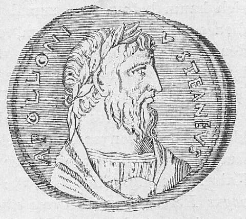 An ancient Roman contorniato medallion showing the profile head of the sage Apollonius of Tyana, encircled by an inscription of his name.