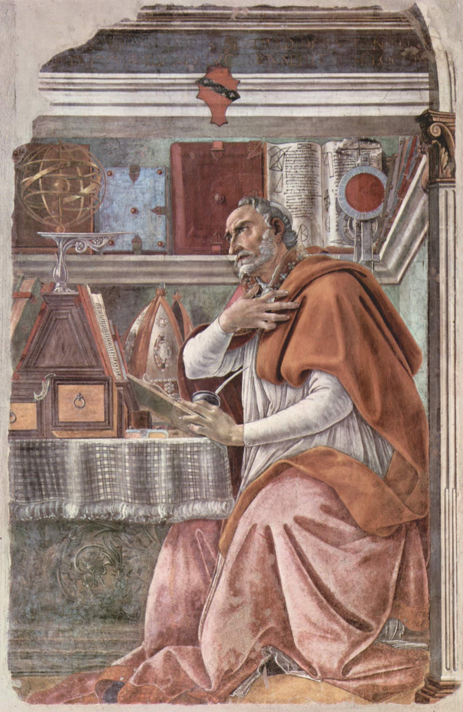 Botticelli's fresco of St. Augustine of Hippo seated at his desk in episcopal robes, surrounded by books, turning as if interrupted by a vision.