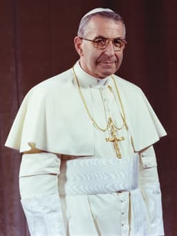 Smiling portrait of Pope John Paul I (Albino Luciani) in white papal dress, 1978