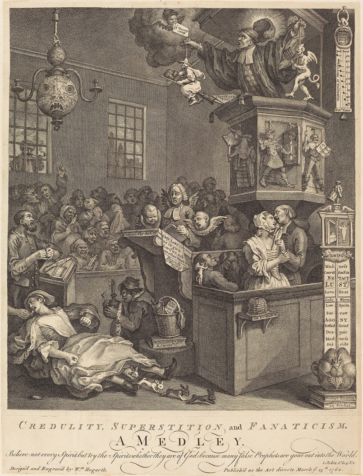 William Hogarth's 1762 engraving 'Credulity, Superstition, and Fanaticism', satirizing the Cock Lane ghost craze