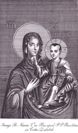 An 1836 engraving of the Máriapócs weeping icon of the Theotokos — the Mother of God holding the Christ Child in the Byzantine Hodegetria style.