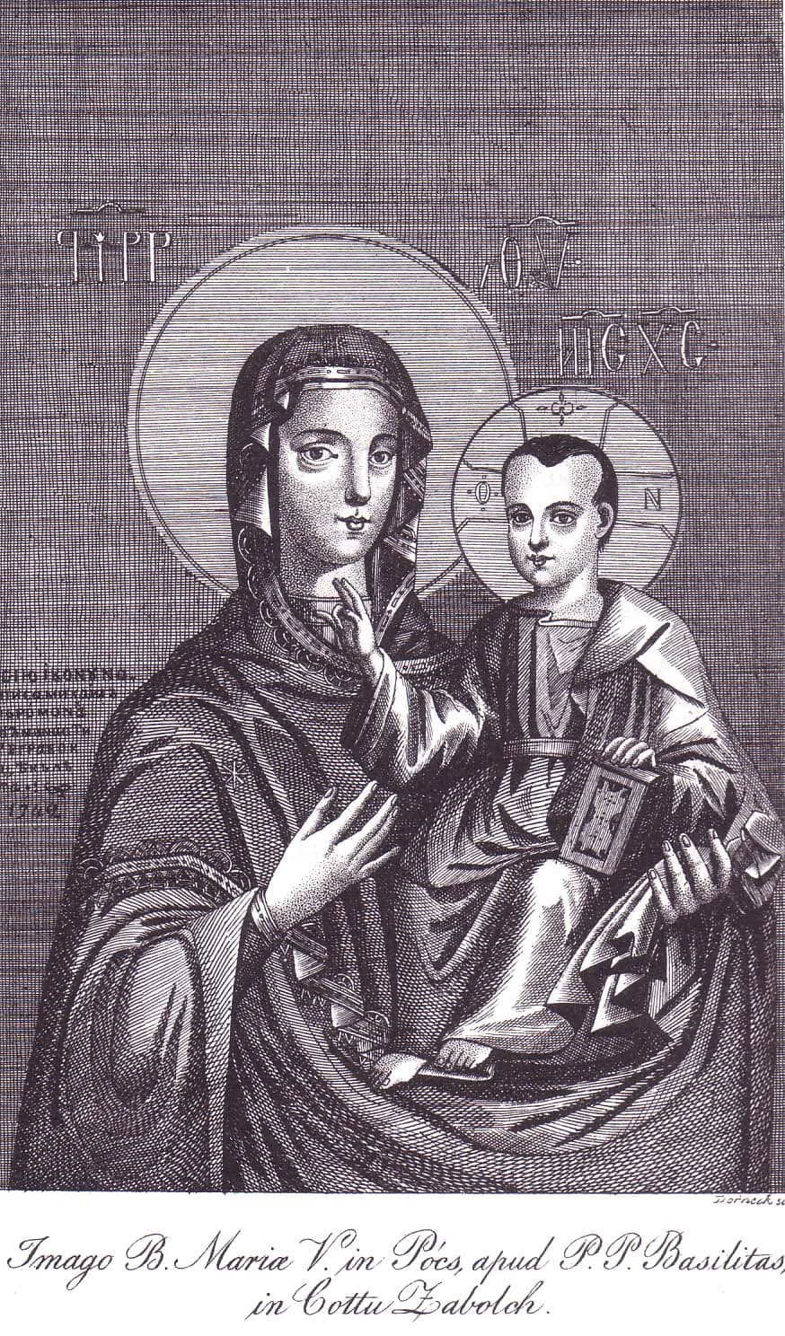 An 1836 engraving of the Máriapócs weeping icon of the Theotokos — the Mother of God holding the Christ Child in the Byzantine Hodegetria style.