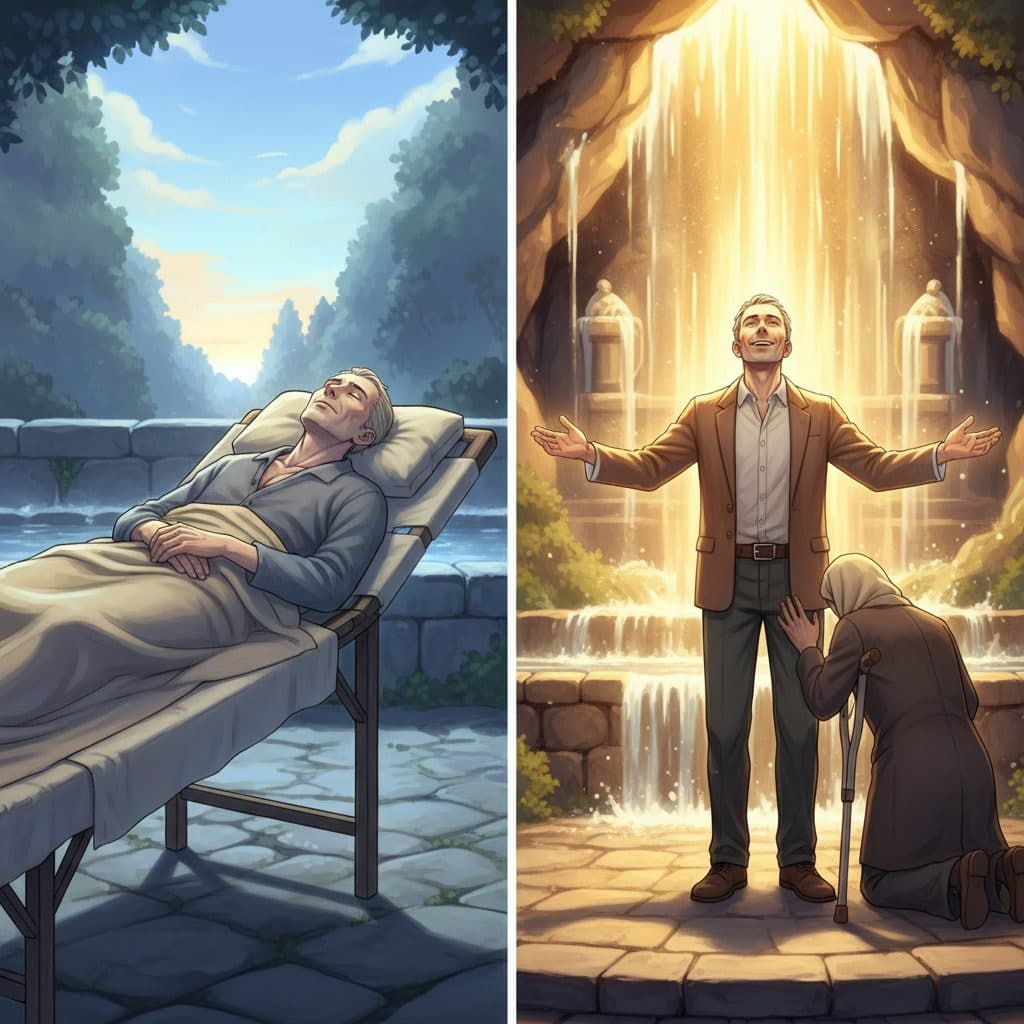 AI-generated dramatized reenactment — Evasio Ganora: Terminal Hodgkin's Lymphoma Cured at Lourdes Baths