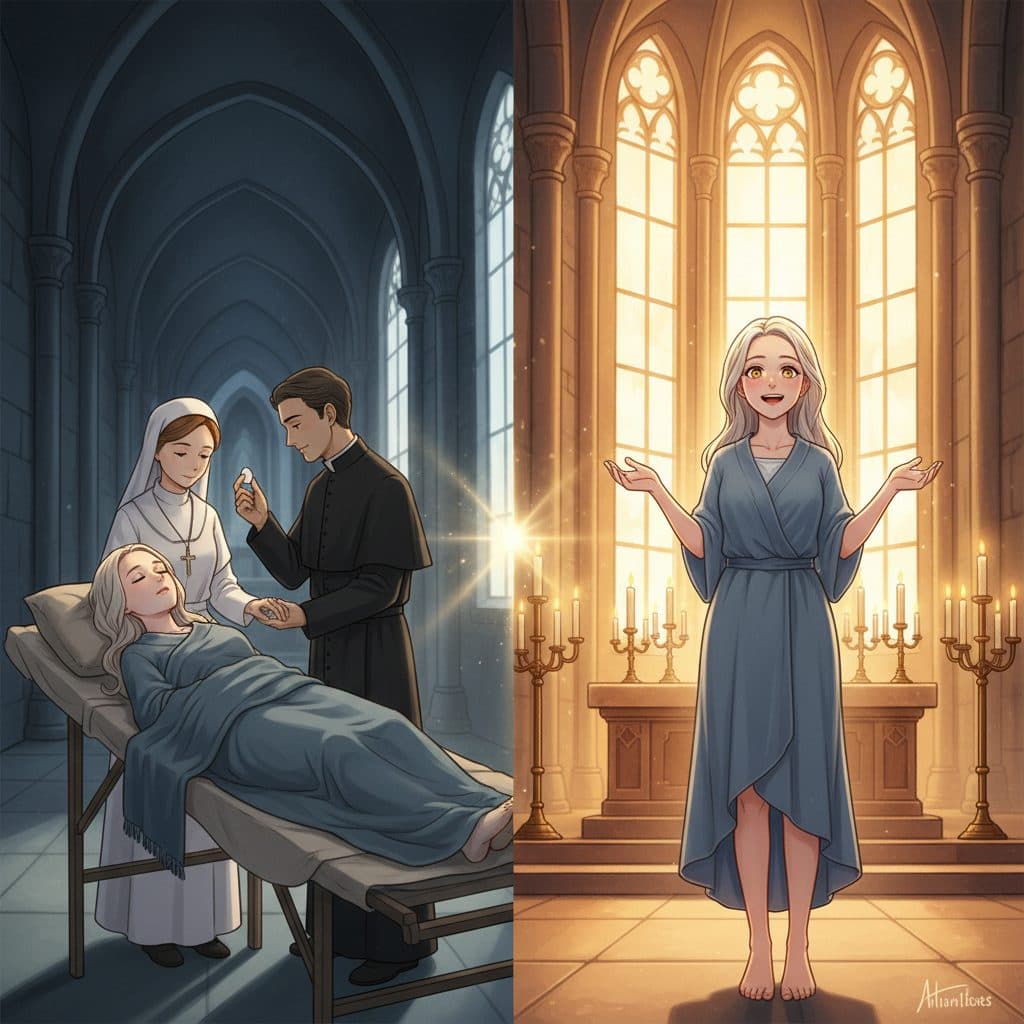 AI-generated dramatized reenactment — Jeanne Fretel: Eleven-Year Tubercular Peritonitis Resolved at Eucharistic Procession
