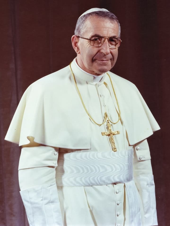 Smiling portrait of Pope John Paul I (Albino Luciani) in white papal dress, 1978