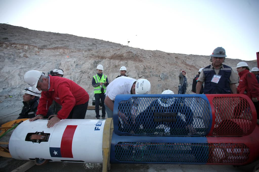 The Fénix rescue capsule, the narrow vertical metal pod used to lift the 33 trapped Chilean miners one at a time to the surface during the October 2010 Copiapó rescue.