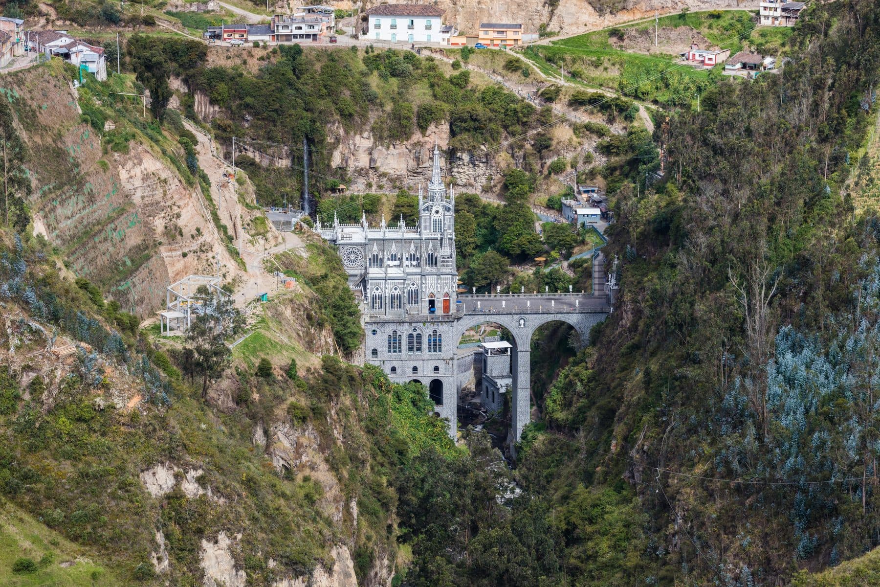 The Las Lajas Sanctuary, a neo-Gothic basilica built into a river gorge near Ipiales, Colombia, home of the image said to have appeared on the rock in 1754