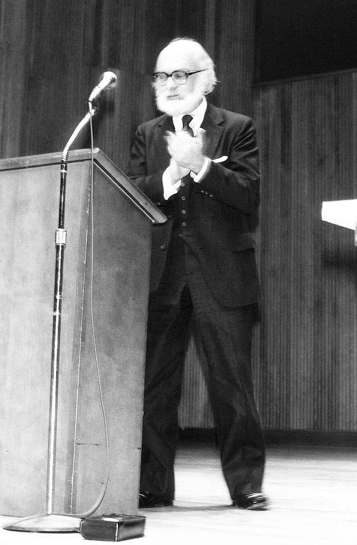 James Randi, the magician-skeptic who exposed Peter Popoff's earpiece trick, speaking at the 1983 CSICOP Conference