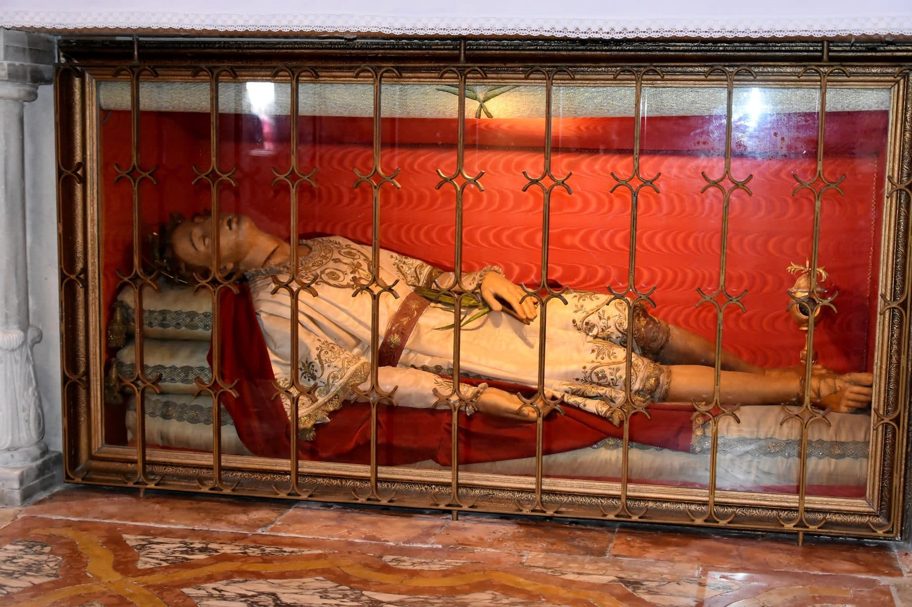 The supposed incorruptible body of St. Silvan displayed in a glass case in the Church of St. Blaise, Dubrovnik